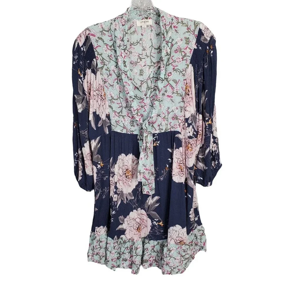 Umgee Size L Dress Blue CottageCore Floral Crinkle V-neck Ribbon Tie Puff Sleeve - Picture 7 of 9